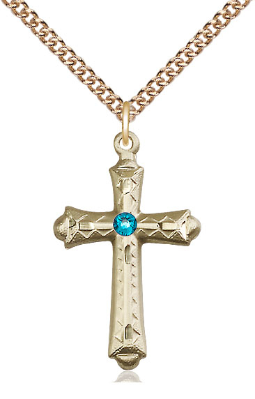 14kt Gold Filled Cross Pendant with a 3mm Zircon Swarovski stone on a 24 inch Gold Filled Heavy Curb chain