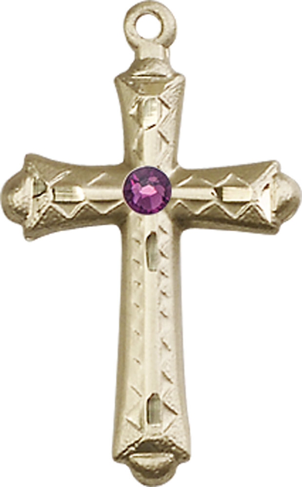 14kt Gold Filled Cross Medal with a 3mm Amethyst Swarovski stone