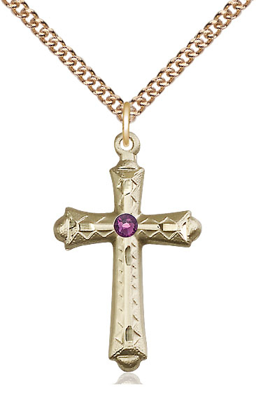 14kt Gold Filled Cross Pendant with a 3mm Amethyst Swarovski stone on a 24 inch Gold Filled Heavy Curb chain