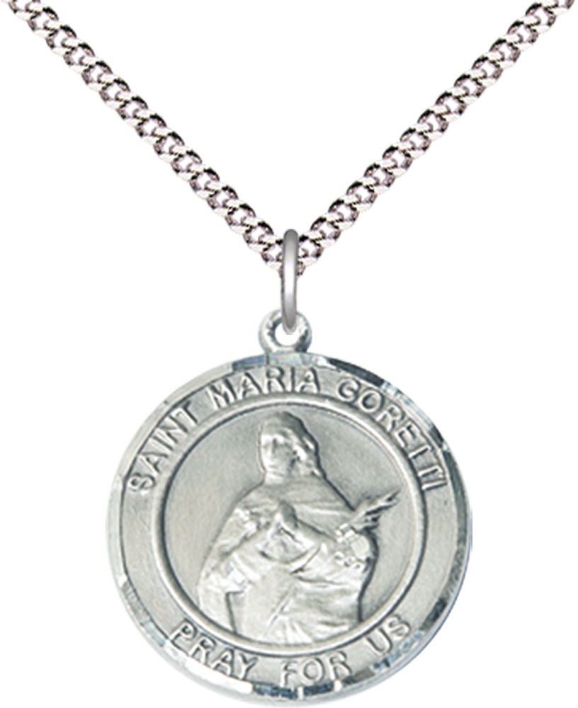 Sterling Silver Saint Maria Goretti Pendant on a 18 inch Light Rhodium Light Curb chain