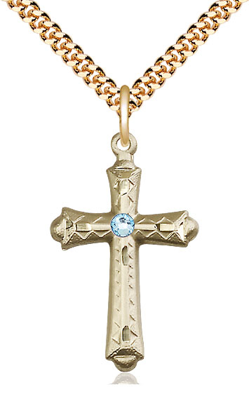 14kt Gold Filled Cross Pendant with a 3mm Aqua Swarovski stone on a 24 inch Gold Plate Heavy Curb chain