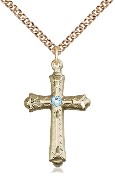 14kt Gold Filled Cross Pendant with a 3mm Aqua Swarovski stone on a 24 inch Gold Filled Heavy Curb chain