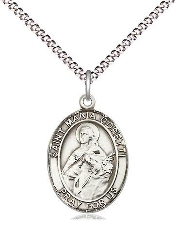 Sterling Silver Saint Maria Goretti Pendant on a 18 inch Light Rhodium Light Curb chain