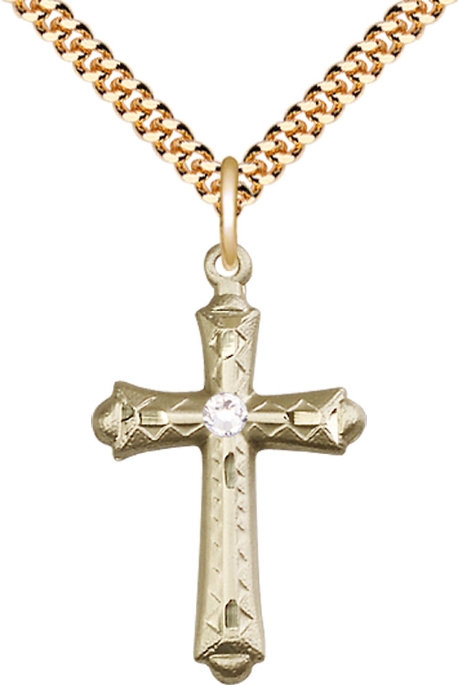 14kt Gold Filled Cross Pendant with a 3mm Crystal Swarovski stone on a 24 inch Gold Plate Heavy Curb chain