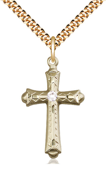 14kt Gold Filled Cross Pendant with a 3mm Crystal Swarovski stone on a 24 inch Gold Plate Heavy Curb chain