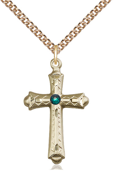 14kt Gold Filled Cross Pendant with a 3mm Emerald Swarovski stone on a 24 inch Gold Filled Heavy Curb chain