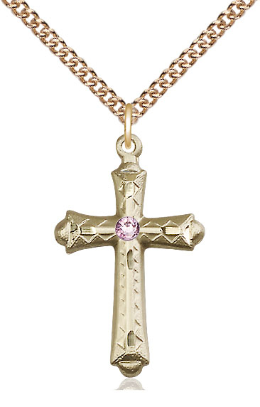 14kt Gold Filled Cross Pendant with a 3mm Light Amethyst Swarovski stone on a 24 inch Gold Filled Heavy Curb chain