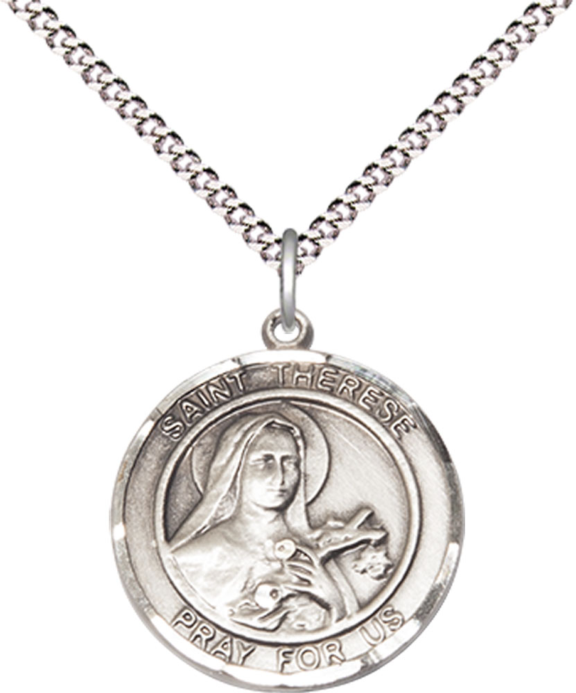Sterling Silver Saint Therese of Lisieux Pendant on a 18 inch Light Rhodium Light Curb chain