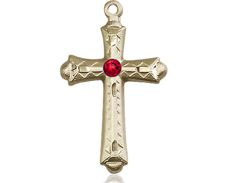 14kt Gold Filled Cross Medal with a 3mm Ruby Swarovski stone