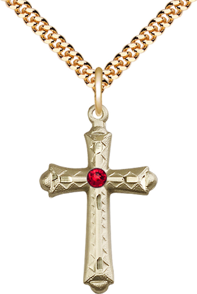 14kt Gold Filled Cross Pendant with a 3mm Ruby Swarovski stone on a 24 inch Gold Plate Heavy Curb chain