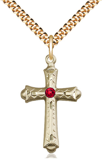 14kt Gold Filled Cross Pendant with a 3mm Ruby Swarovski stone on a 24 inch Gold Plate Heavy Curb chain