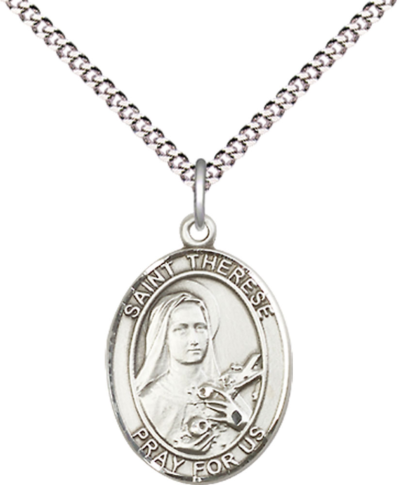 Sterling Silver Saint Therese of Lisieux Pendant on a 18 inch Light Rhodium Light Curb chain