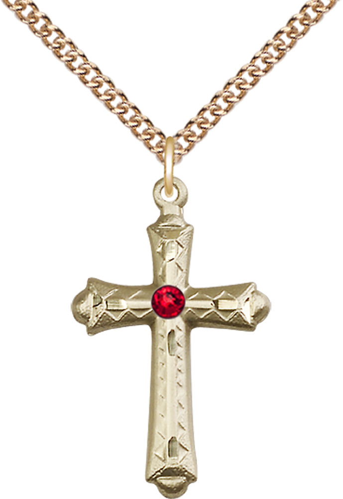 14kt Gold Filled Cross Pendant with a 3mm Ruby Swarovski stone on a 24 inch Gold Filled Heavy Curb chain