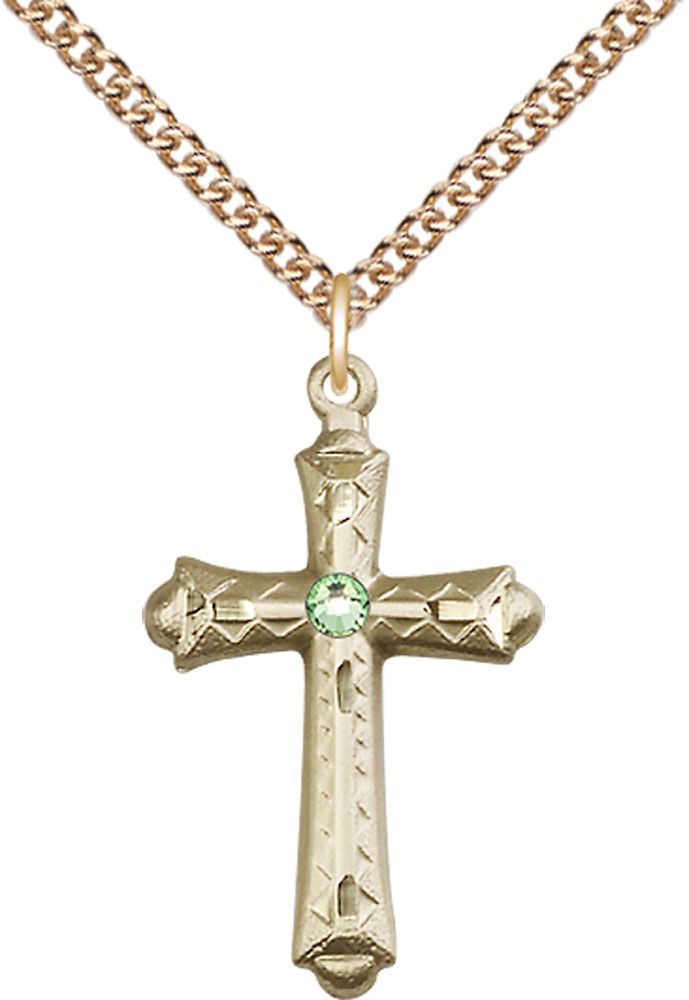 14kt Gold Filled Cross Pendant with a 3mm Peridot Swarovski stone on a 24 inch Gold Filled Heavy Curb chain