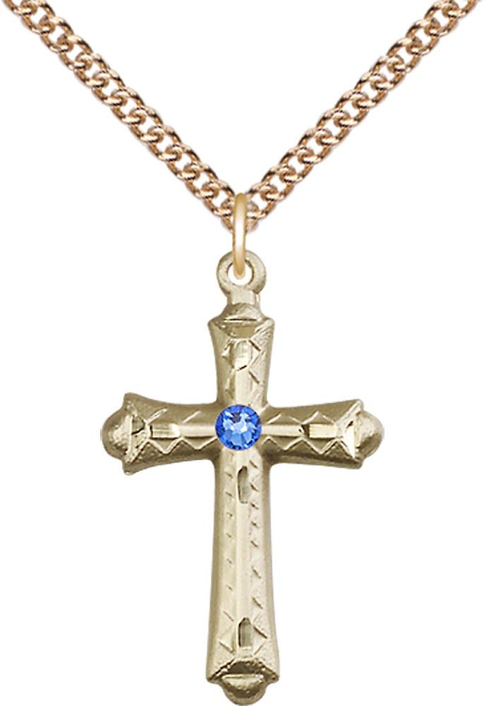 14kt Gold Filled Cross Pendant with a 3mm Sapphire Swarovski stone on a 24 inch Gold Filled Heavy Curb chain