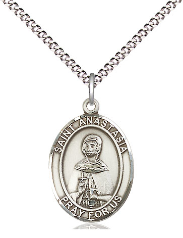 Sterling Silver Saint Anastasia Pendant on a 18 inch Light Rhodium Light Curb chain