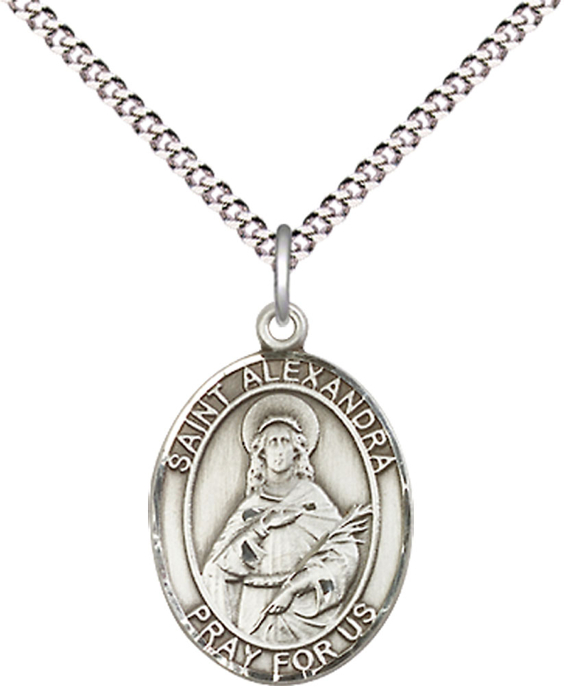 Sterling Silver Saint Alexandra Pendant on a 18 inch Light Rhodium Light Curb chain