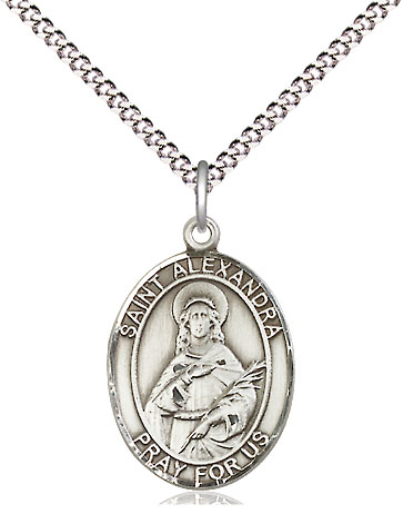 Sterling Silver Saint Alexandra Pendant on a 18 inch Light Rhodium Light Curb chain