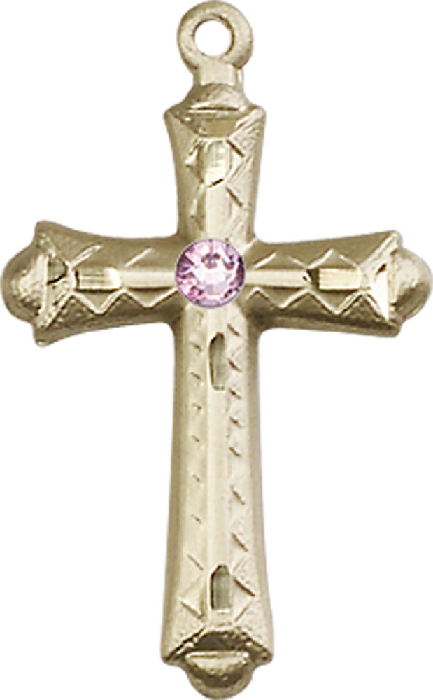 14kt Gold Cross Medal with a 3mm Light Amethyst Swarovski stone