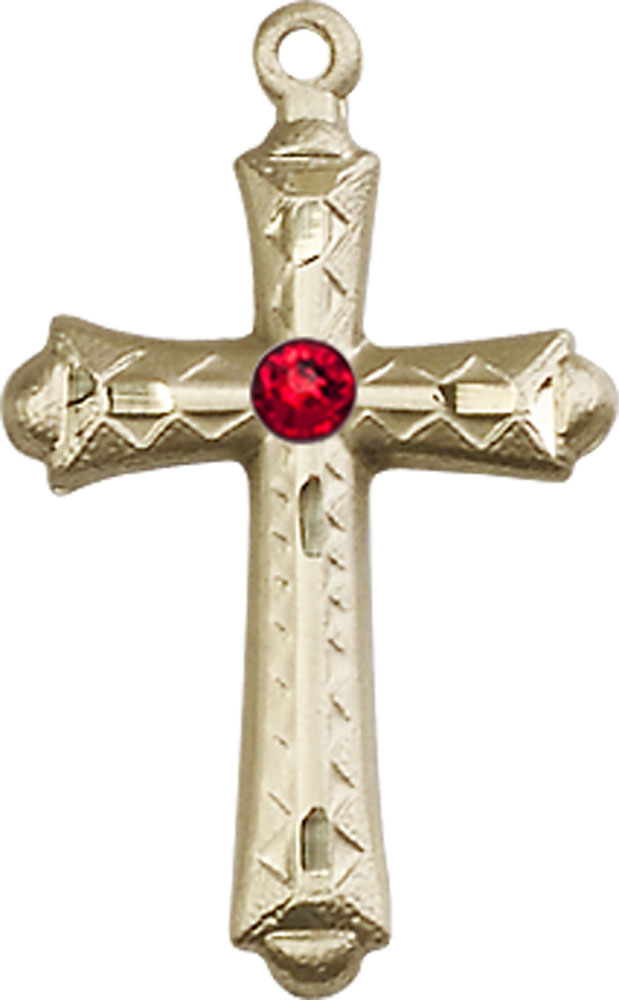 14kt Gold Cross Medal with a 3mm Ruby Swarovski stone