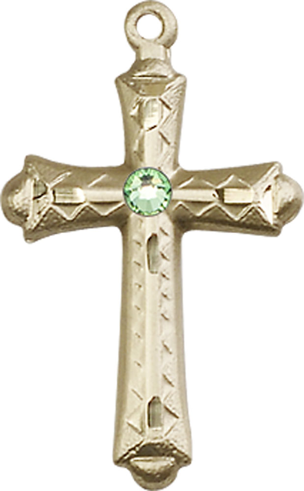 14kt Gold Cross Medal with a 3mm Peridot Swarovski stone