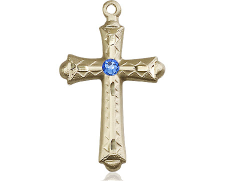 14kt Gold Cross Medal with a 3mm Sapphire Swarovski stone