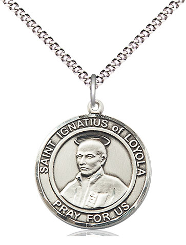 Sterling Silver Saint Ignatius of Loyola Pendant on a 18 inch Light Rhodium Light Curb chain