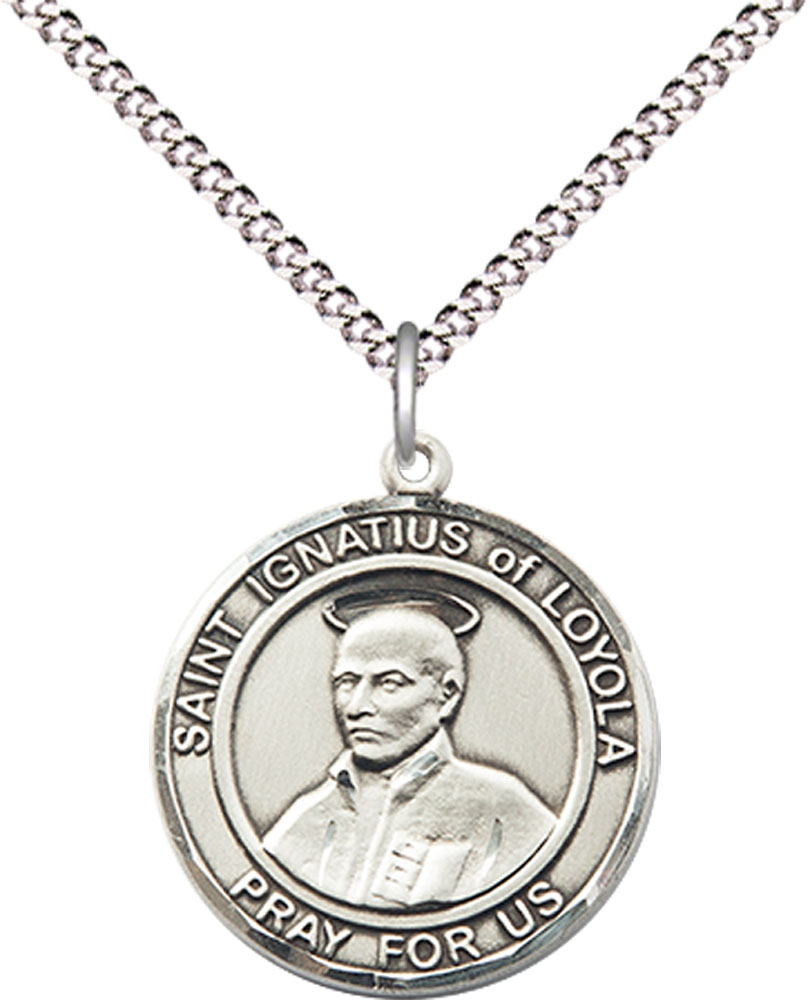 Sterling Silver Saint Ignatius of Loyola Pendant on a 18 inch Light Rhodium Light Curb chain