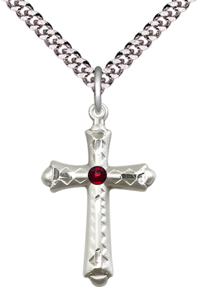 Sterling Silver Cross Pendant with a 3mm Garnet Swarovski stone on a 24 inch Light Rhodium Heavy Curb chain