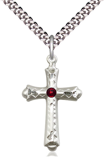 Sterling Silver Cross Pendant with a 3mm Garnet Swarovski stone on a 24 inch Light Rhodium Heavy Curb chain