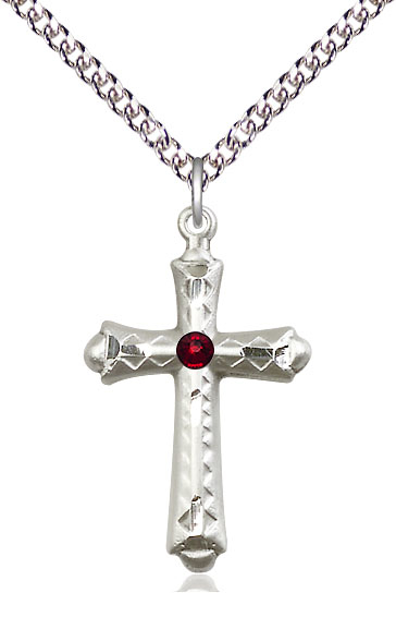 Sterling Silver Cross Pendant with a 3mm Garnet Swarovski stone on a 24 inch Sterling Silver Heavy Curb chain