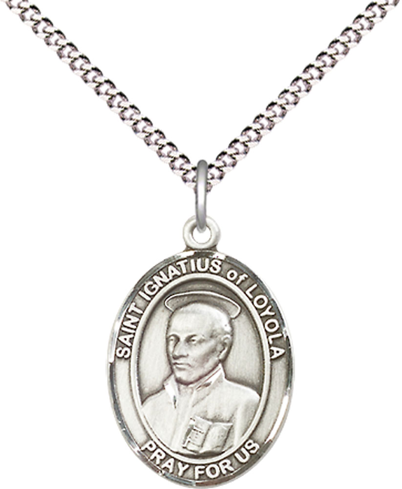 Sterling Silver Saint Ignatius of Loyola Pendant on a 18 inch Light Rhodium Light Curb chain