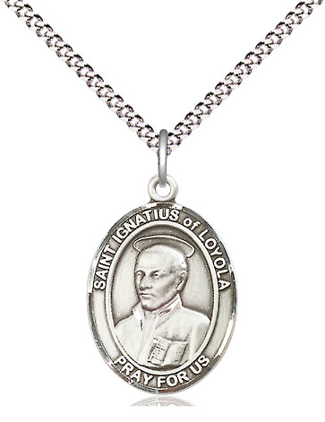 Sterling Silver Saint Ignatius of Loyola Pendant on a 18 inch Light Rhodium Light Curb chain