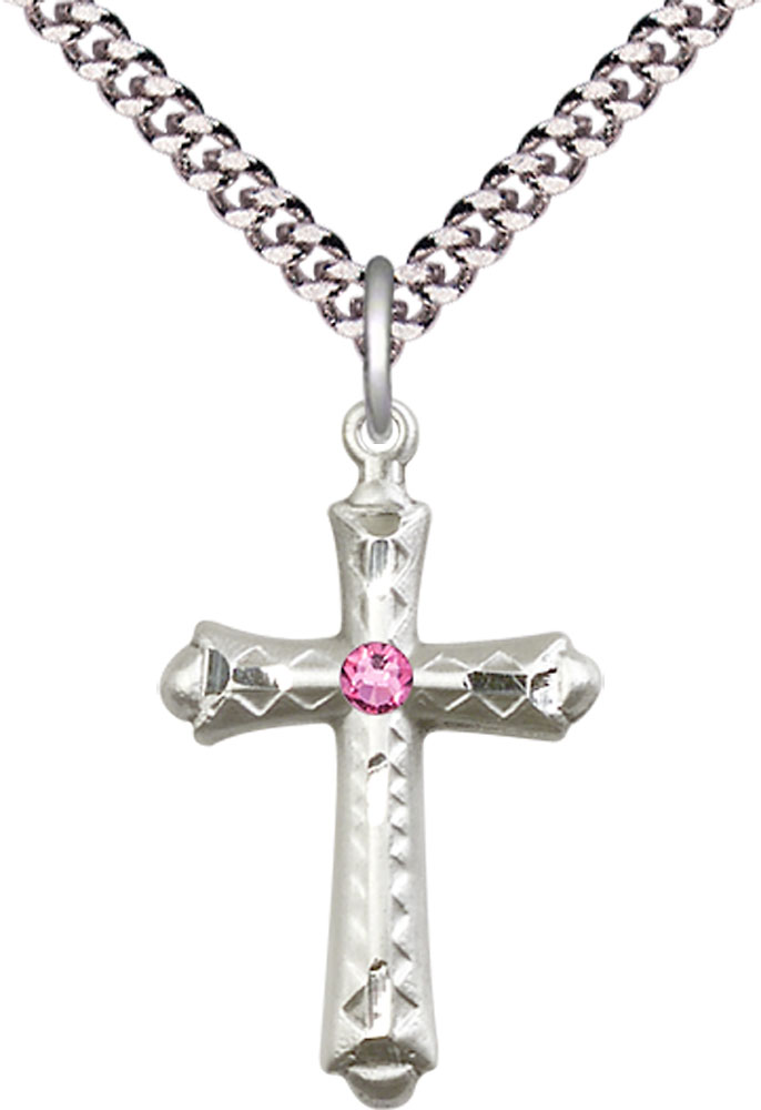 Sterling Silver Cross Pendant with a 3mm Rose Swarovski stone on a 24 inch Light Rhodium Heavy Curb chain