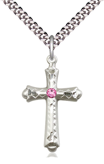 Sterling Silver Cross Pendant with a 3mm Rose Swarovski stone on a 24 inch Light Rhodium Heavy Curb chain