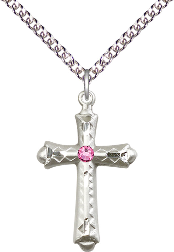 Sterling Silver Cross Pendant with a 3mm Rose Swarovski stone on a 24 inch Sterling Silver Heavy Curb chain