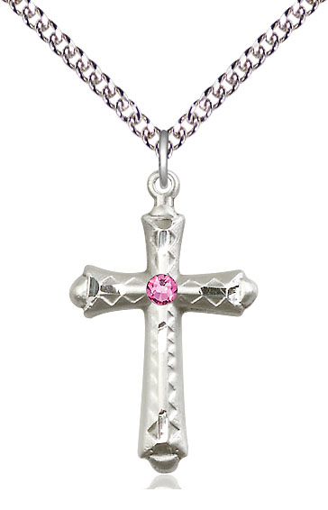 Sterling Silver Cross Pendant with a 3mm Rose Swarovski stone on a 24 inch Sterling Silver Heavy Curb chain