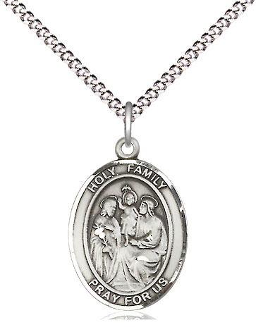 Sterling Silver Holy Family Pendant on a 18 inch Light Rhodium Light Curb chain