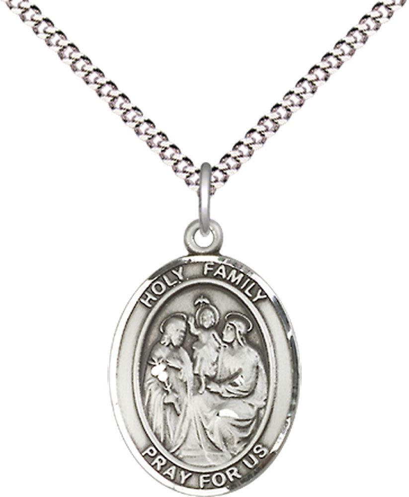 Sterling Silver Holy Family Pendant on a 18 inch Light Rhodium Light Curb chain