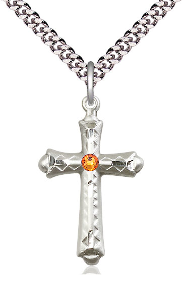 Sterling Silver Cross Pendant with a 3mm Topaz Swarovski stone on a 24 inch Light Rhodium Heavy Curb chain