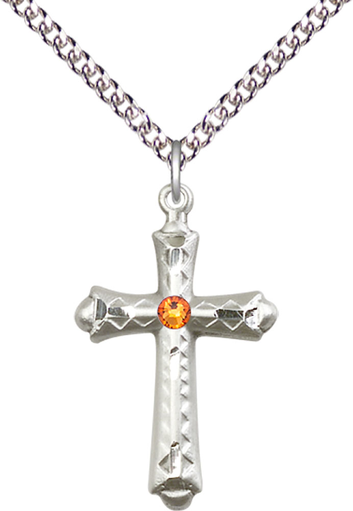 Sterling Silver Cross Pendant with a 3mm Topaz Swarovski stone on a 24 inch Sterling Silver Heavy Curb chain