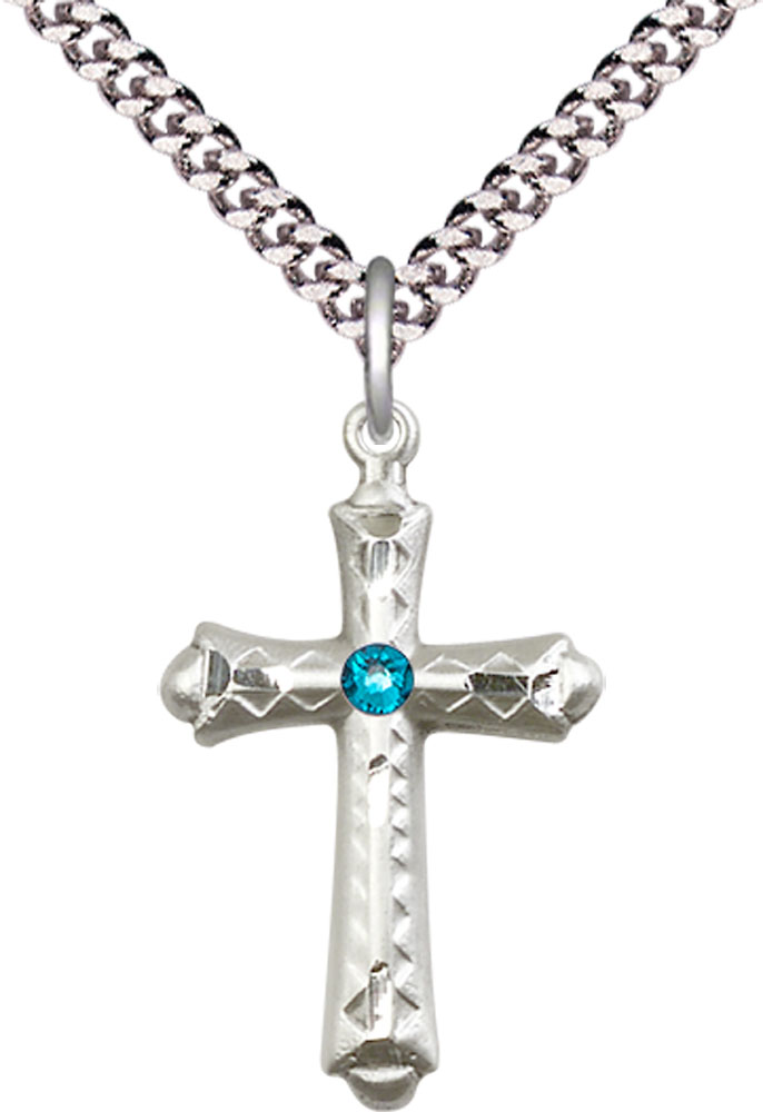 Sterling Silver Cross Pendant with a 3mm Zircon Swarovski stone on a 24 inch Light Rhodium Heavy Curb chain