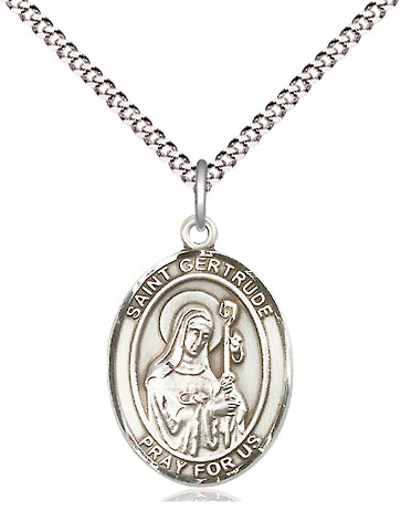 Sterling Silver Saint Gertrude of Nivelles Pendant on a 18 inch Light Rhodium Light Curb chain