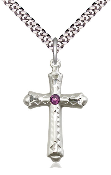 Sterling Silver Cross Pendant with a 3mm Amethyst Swarovski stone on a 24 inch Light Rhodium Heavy Curb chain