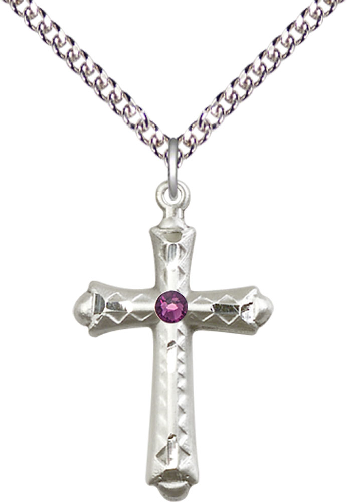 Sterling Silver Cross Pendant with a 3mm Amethyst Swarovski stone on a 24 inch Sterling Silver Heavy Curb chain