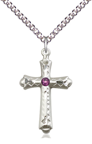 Sterling Silver Cross Pendant with a 3mm Amethyst Swarovski stone on a 24 inch Sterling Silver Heavy Curb chain