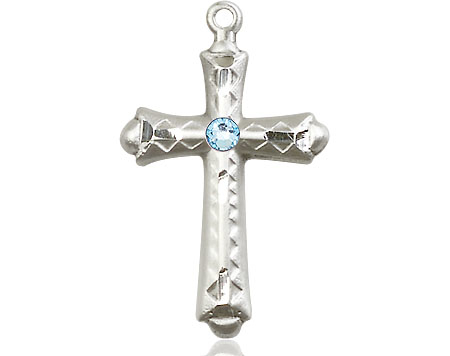 Sterling Silver Cross Medal with a 3mm Aqua Swarovski stone