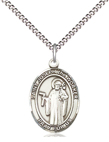 Sterling Silver Saint Joseph the Worker Pendant on a 18 inch Light Rhodium Light Curb chain