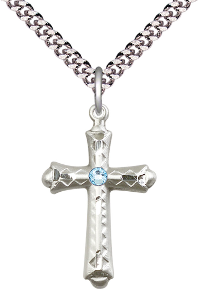 Sterling Silver Cross Pendant with a 3mm Aqua Swarovski stone on a 24 inch Light Rhodium Heavy Curb chain