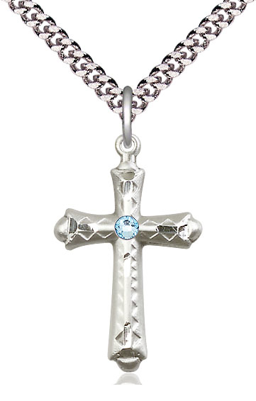 Sterling Silver Cross Pendant with a 3mm Aqua Swarovski stone on a 24 inch Light Rhodium Heavy Curb chain